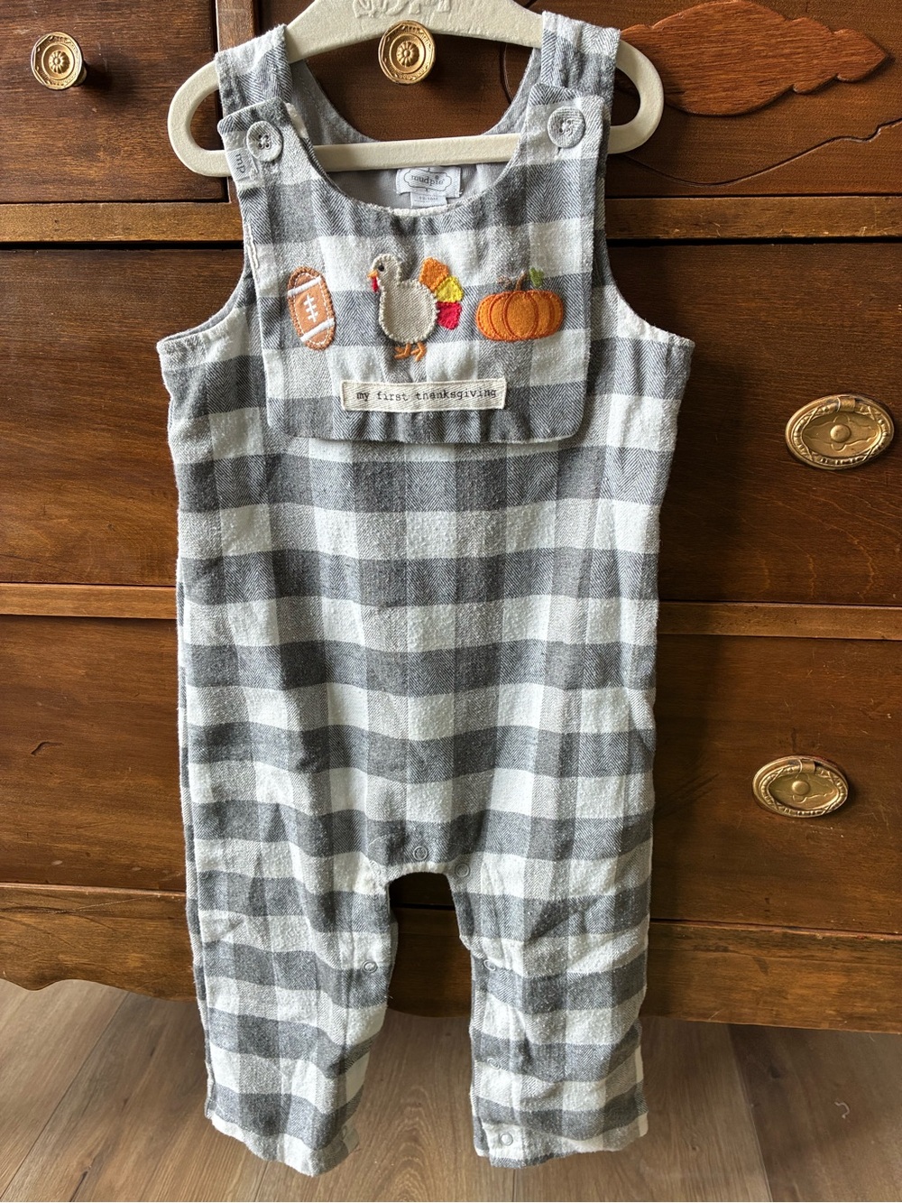 Mud Pie Gray and White Buffalo Plaid Kids Romper with Reversible Bib